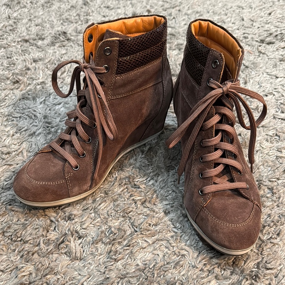 Geox Wedge Lace Up Booties with Suede Finish